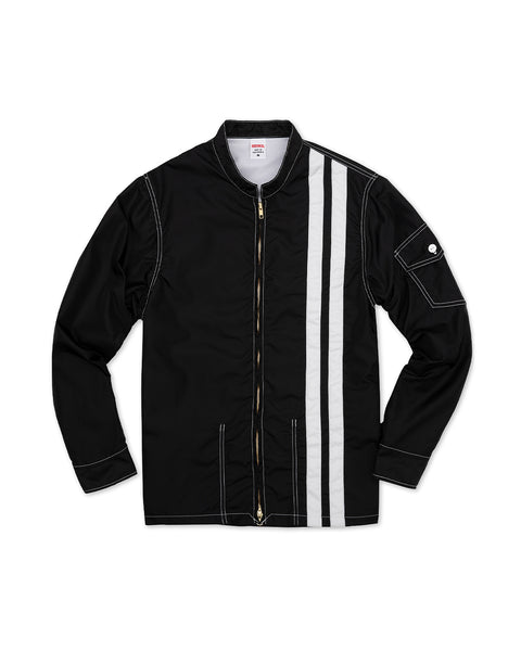 Front view of black racing jacket with two vertical white racing stripes. Product over white background