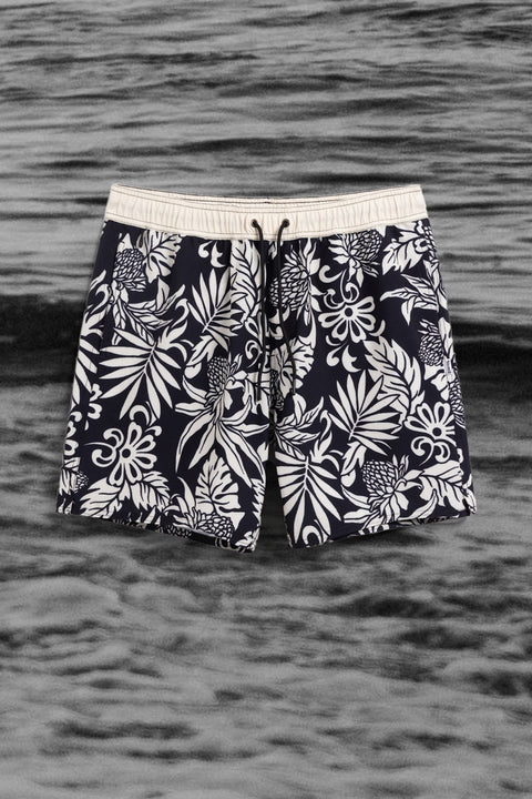 Wright Short - Black Floral with ocean image in black and white in background.