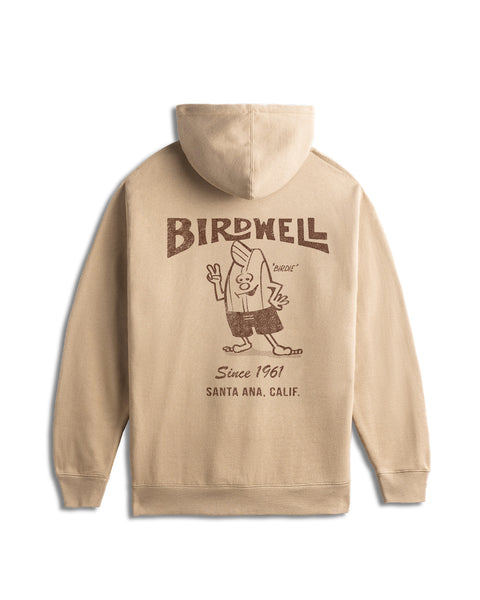 Back View of the '61 Hoodie in Sandstone. Screen printed Birdie holding up left hand in a piece sign large on the back of the hoodie. Birdwell Logo above birdie and 