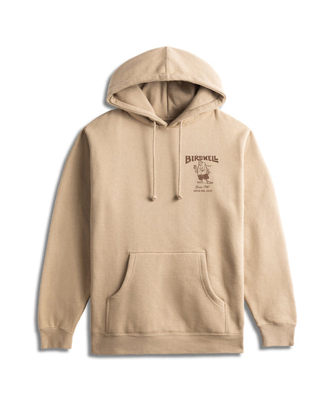 Front View of the '61 Hoodie in Sandstone. Screen printed Birdie holding up left hand in a piece sign. Birdwell Logo above birdie and Since 1961 Santa Ana, Calif. Text below birdie. Product on white background.