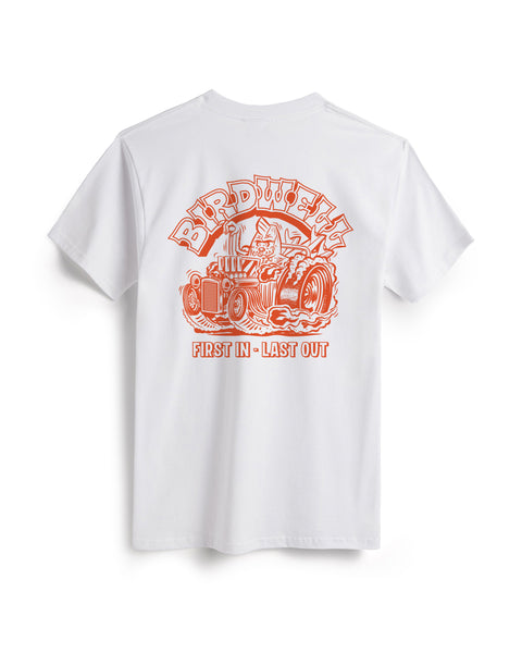 Back view of white t-shirt with screen printed graphic on the back of shirt. Screen print depicts Birdie in a vintage race car with large back wheels with smoke coming out. Birdwell is written above in an outlined Slab Serif font. 