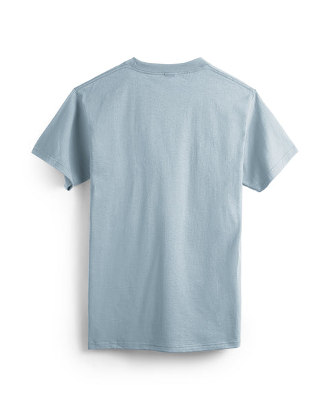 Back of light blue t-shirt is blank. Product on white background.