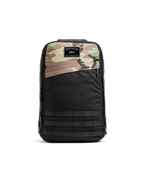 Flaylay front view of the GORUCK Rucksack. Top of Rucksack features camo SurfNyl™