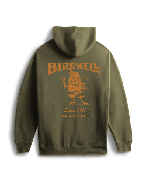 Back Flatlay of Army Green Hoodie over white background. Screenprint large centered over the back of the hoodie in Golden Brown with Birdwell logo above Birdie holding up a peace sign. Since 1961, Santa Ana, Calif. text beneath Birdie.