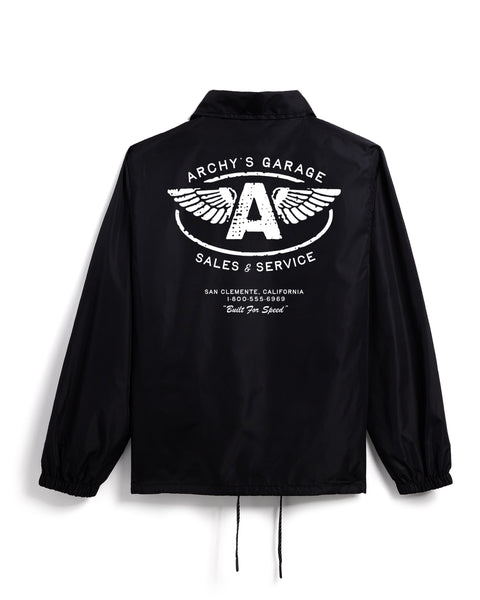 Back view of the Birdwell for Archy's Garage Coach's Jacket. The Archy's garage logo screen printed on the back panel of jacket in white. Background is white.