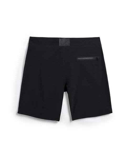 Back view of the 3001 Boardshort with black on black license plate logo on waistband and black zipper pocket on right side.