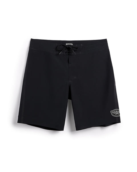 Front view of the 3001 Boardshort with black on black details. Boardshort on white background. 3D rubber Archy's logo to the wearer's left in grey and black.