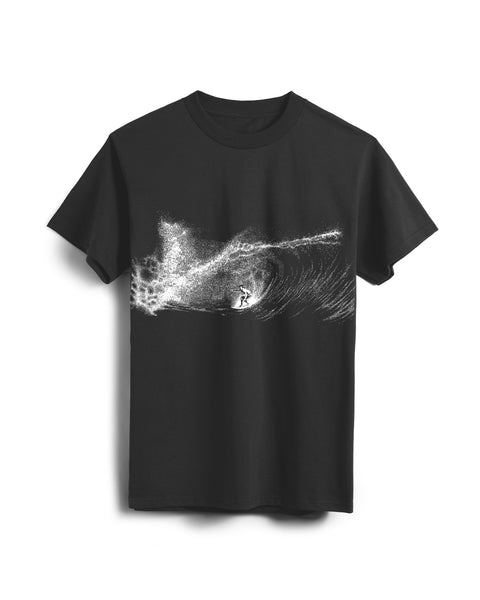 Front of Faded Black T-Shirt on white background with white textural screenprint of surfer on a barrel wave.