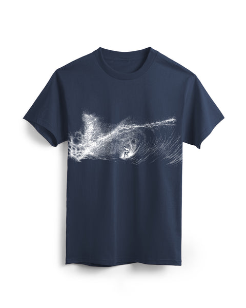 Front of Navy T-shirt on white background with white textural screenprint of surfer on a barrel wave.