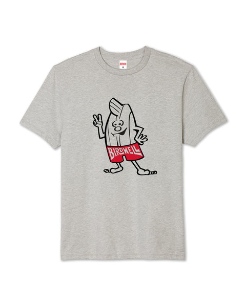 Flatlay of heather grey t-shirt with illustration of birdie character holding up a peace sign with red shorts with birdwell text.