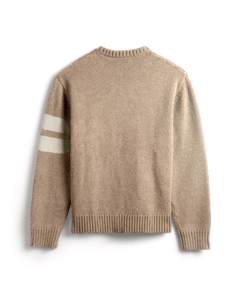 Back view of the Oatmeal sweater with two horizontal cream stripes on the left arm. Ribbing at collar, sleeves and bottom of sweater. White background.