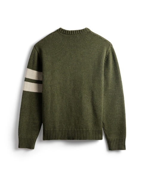 Back view of the Olive sweater with two horizontal cream stripes on the left arm. Ribbing at collar, sleeves and bottom of sweater. White background.