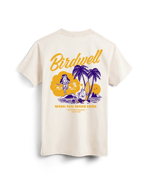 Flatlay of bone colored t-shirt on white background. Graphic depicting the birdie leaning against a surfboard under palm trees dreaming of a hula birdie with wish you were here written beneath in yellow.