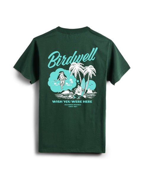 Flatlay of dark green colored t-shirt on white background. Graphic depicting the birdie leaning against a surfboard under palm trees dreaming of a hula birdie with wish you were here written beneath in light teal.