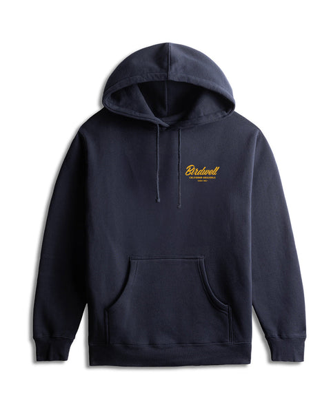 Flatlay of Navy Hoodie with Yellow Graphic of 