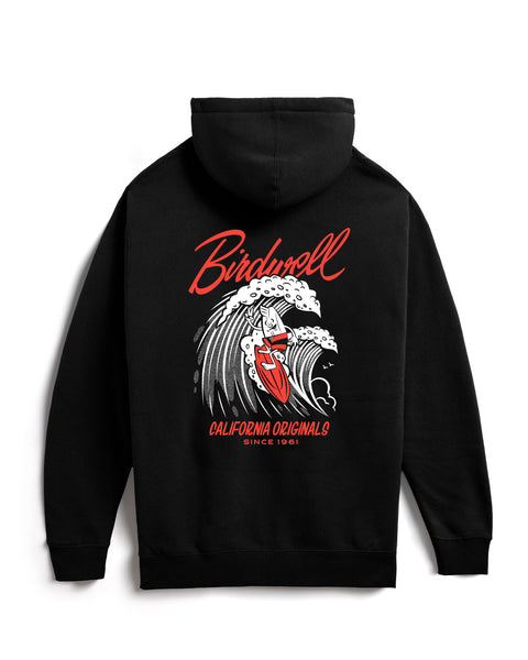 Black Hoodie with Red and White Graphic of Bridie surfing on wave with red surfboard, birdwell logo above and text with California Originals Since 1961 below the illustration.