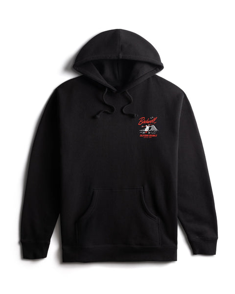 Black Hoodie with Red and White Graphic of Bridie Running into Wave with surfboard, birdwell logo above.