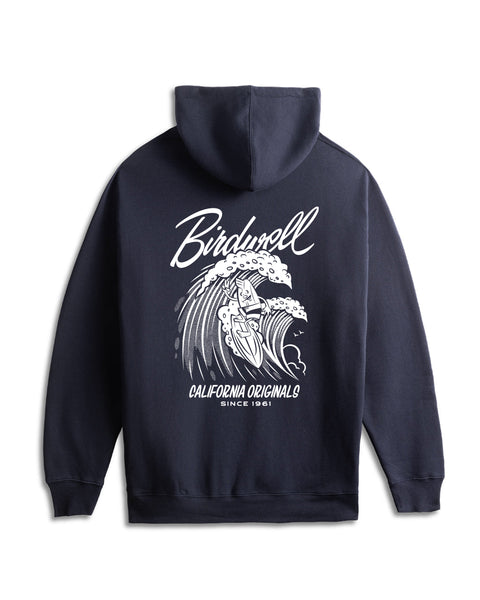 Navy Hoodie with white Graphic of Bridie surfing on wave with red surfboard, birdwell logo above and text with California Originals Since 1961 below the illustration.