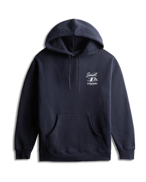 Navy Hoodie with White Graphic of Bridie Running into Wave with surfboard, birdwell logo above.