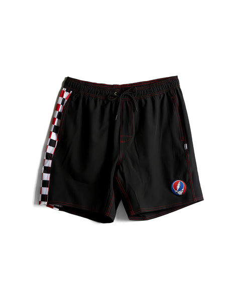 Grateful Dead x Birdwell Wright Short in Black. Left of Short features a checkered pattern the bottom right of short features the Grateful Dead Logo Patch.