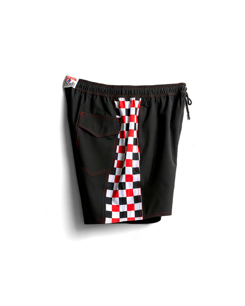 Grateful Dead x Birdwell Wright Short in Black. Side view showing the checkered pattern.