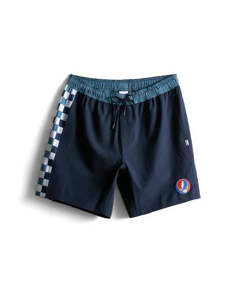 Grateful Dead x Birdwell Wright Short in Navy. Left of Short features a checkered pattern the bottom right of short features the Grateful Dead Logo Patch.