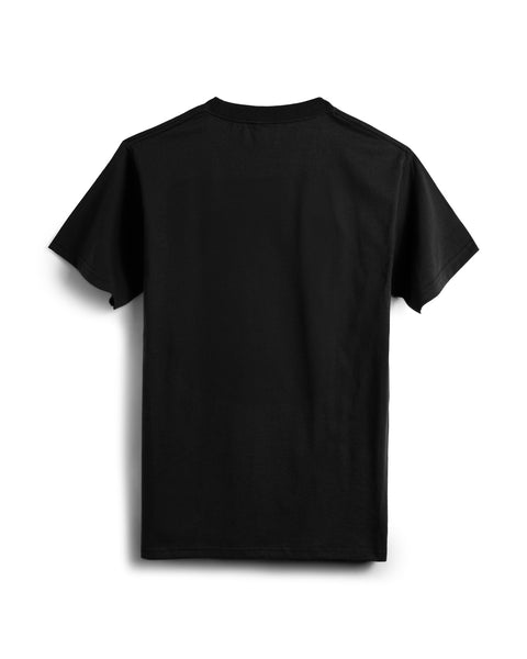 Back view of black t-shirt on white background.