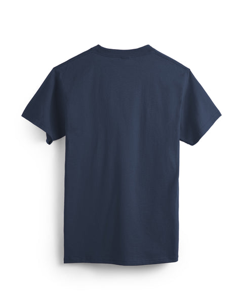 Back view of navy t-shirt on white background.