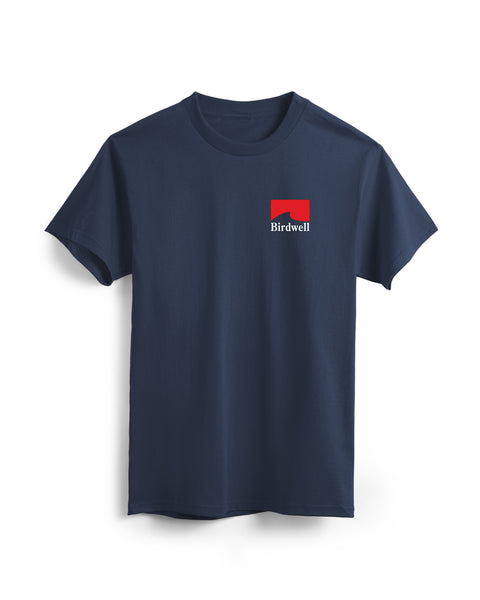 Front View of navy T-Shirt with Grit Graphic of red wave with white Birdwell text. Background White.