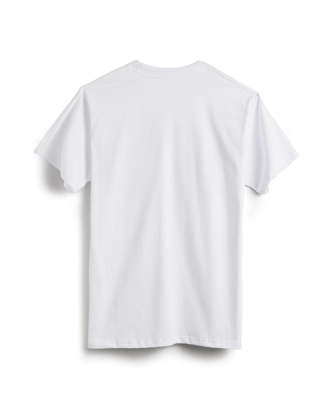 Back view of white t-shirt on white background.