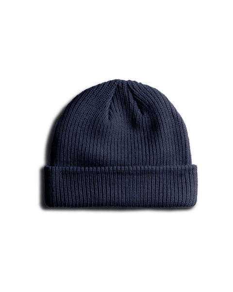 Back of Navy Watch Cap Beanie on a white background