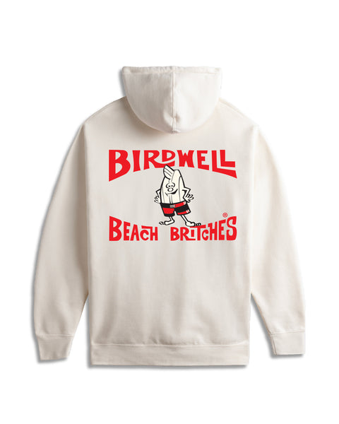 Back of Hoodie in Bone on white background with large screen printed license plate graphic in red and black over the back of the hoodie. Graphic features Birdie character in the center with Birdwell Beach Britches text to the top and bottom of him in red.