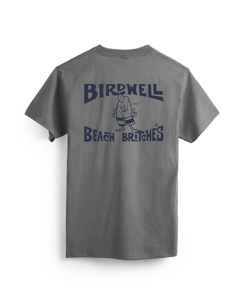 Back view of Flatlay of Charcoal T-Shirt on white background. License plate graphic with Birdwell Beach Britches text and Birdie illustration on center of back.