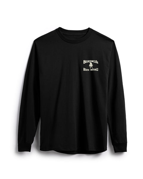 Black long sleeve shop shirt with white writing