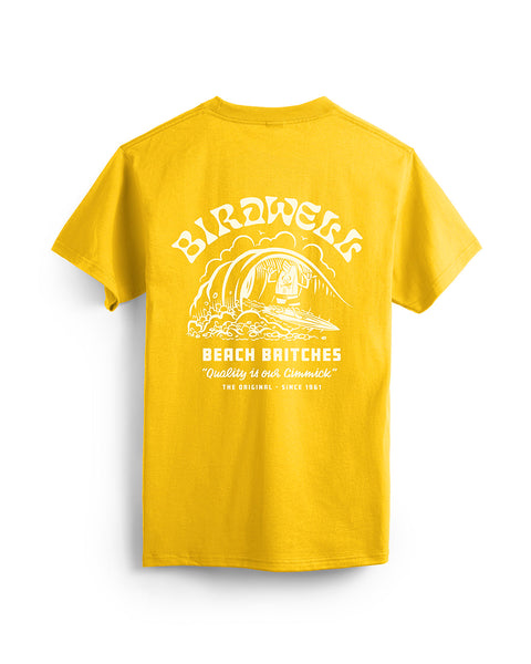 Back of Yellow T-Shirt with Surfin' Birdie Graphic on left Side Featuring Birdie Surfing on a Wave. Text on shirt says Birdwell Beach Britches 