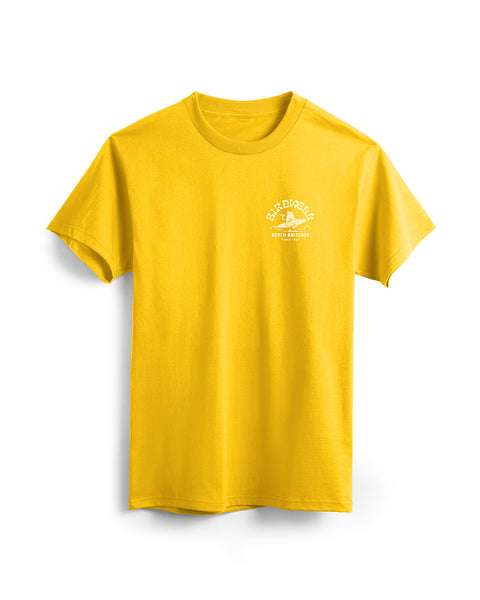 Front of Yellow T-Shirt with Surfin' Birdie Graphic on left Side Featuring Birdie Holding a Surfboard. Text on shirt says Birdwell Beach Britches Since 1961