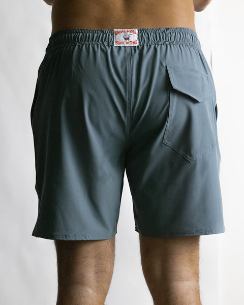 Model wearing the Wright Lined Shorts, Back View.