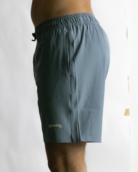 Model wearing the Wright Lined Shorts, Side View.