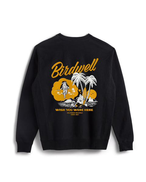 Back view of black crewneck sweatshirt with screenprinted  illustration of our mascot Birdie leaning against a surfboard and two palm trees on the sand while dreaming of a female Birdie in a hula skirt in white and golden yellow. Product on solid white background.