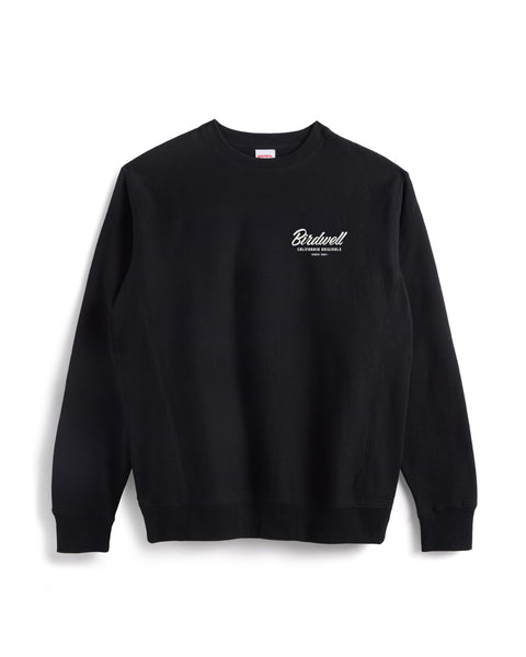 Front of black crew neck sweatshirt with Screenprint of 