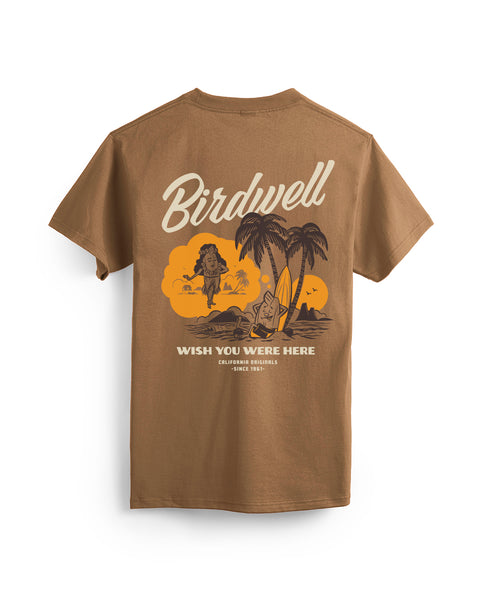 Back view of brown colored t-shirt on white background. Screen-printed illustration of Birdie leaning up against a palm tree and surfboard while dreaming of a female birdie in a hula skirt. Birdwell in script font above the trees and 