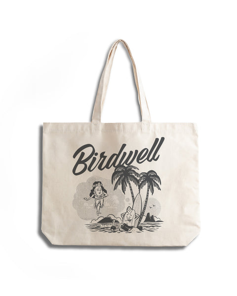 Front View of the Canvas Tote with Daydreamin Birdie Graphic in Dark Grey. Background is solid white.