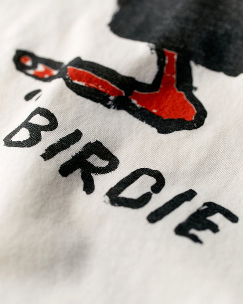 Birdie T-Shirt - imogene+willie Bone, close up detail of birdie text