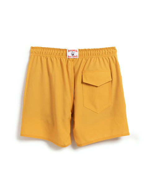 Back View of Wright Lined Short in Gold with elastic waist with birdwell license plate label on center back of waistband. Velcro Pocket on right side. Product on white background.