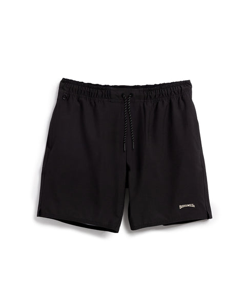 Front view of the Wright Lined Short in Black with white birdwell logo at the bottom right, black keyloop and drawstring. Product on white background.